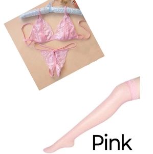 Pink crotchless panties/bra with leggings